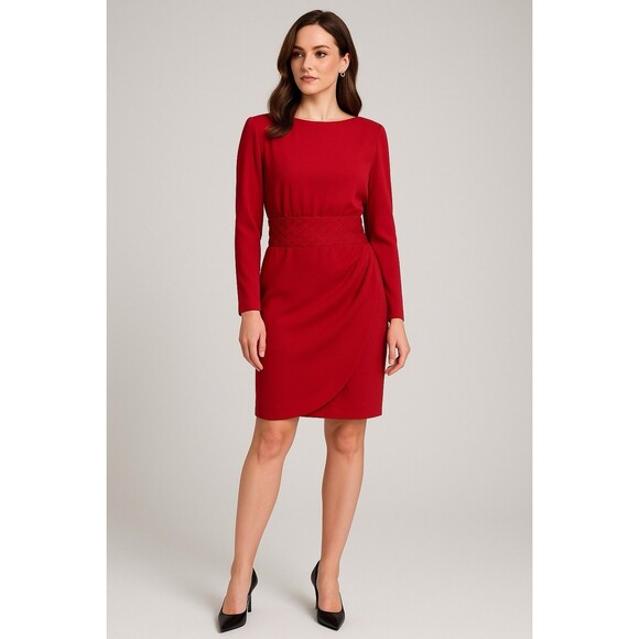 P.J. KLEIN Women's Dress Red Long Sleeve Round Neck 9/10 Office Career - Picture 1 of 16